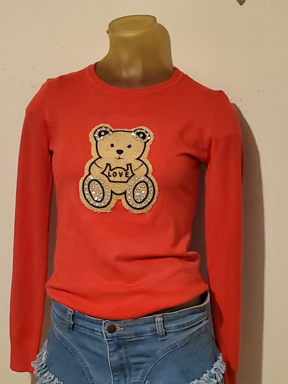 Red Long-Sleeve Top with Teddy Applique